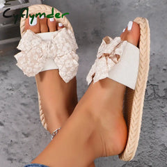Cyflymder Women’s Fashion Trend Lace Bow Anti Slip Wear-resistant Comfortable Soft Sole Flat Heel Slippers