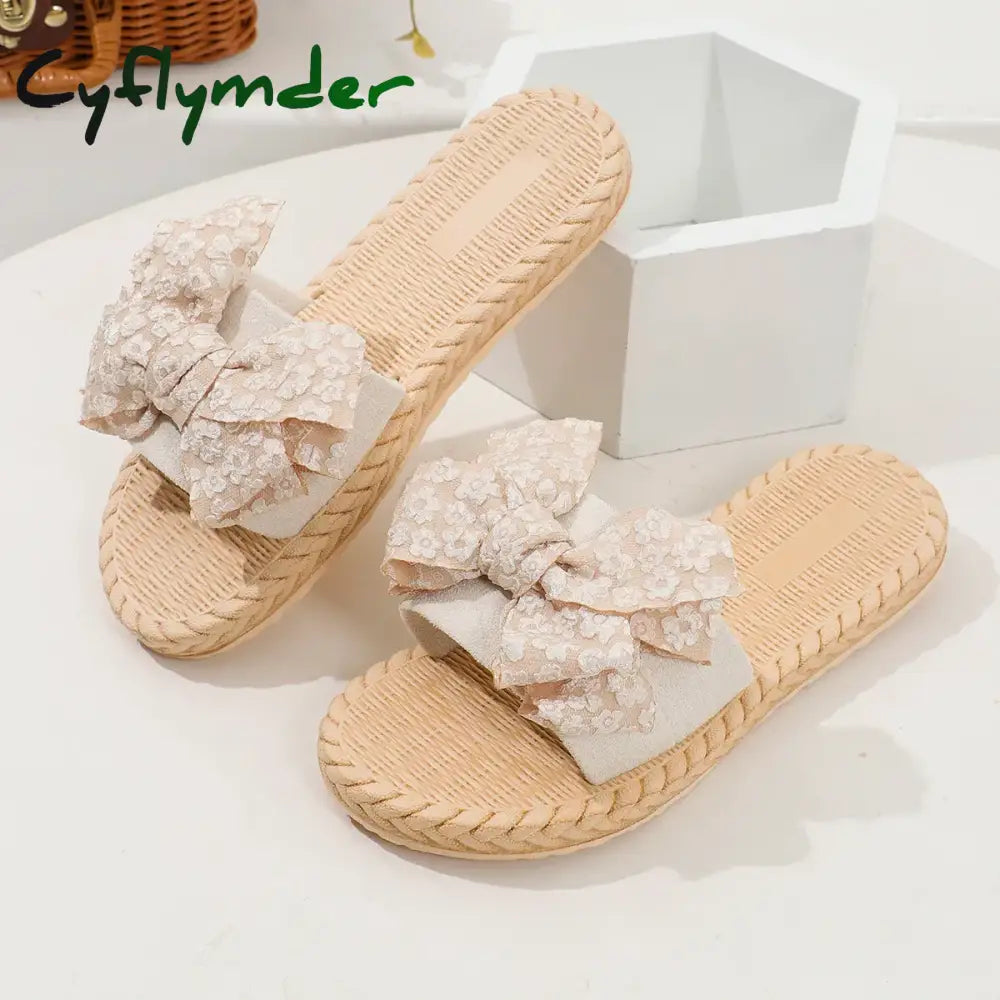 Cyflymder Women’s Fashion Trend Lace Bow Anti Slip Wear-resistant Comfortable Soft Sole Flat Heel Slippers