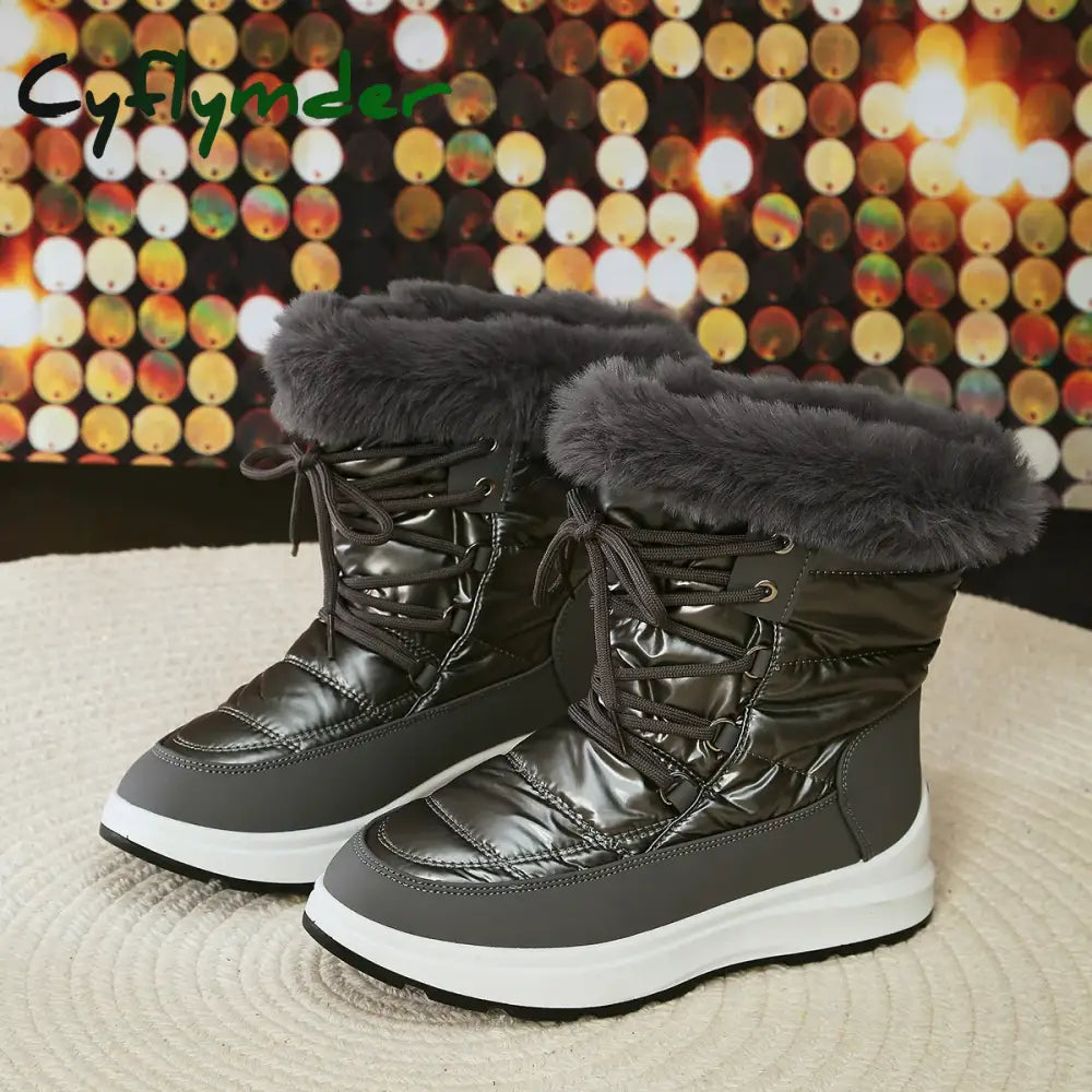 Cyflymder Women’s Faux Fur Ankle Boots Chunky Platform Waterproof Snow Boots Women Silver Thick Plush Warm Winter Boots