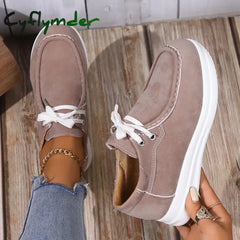 Cyflymder Women’s Faux Suede Platform Sneakers Autumn Non-Slip Lace Up Loafers Woman Thick Sole Casual Sneakers