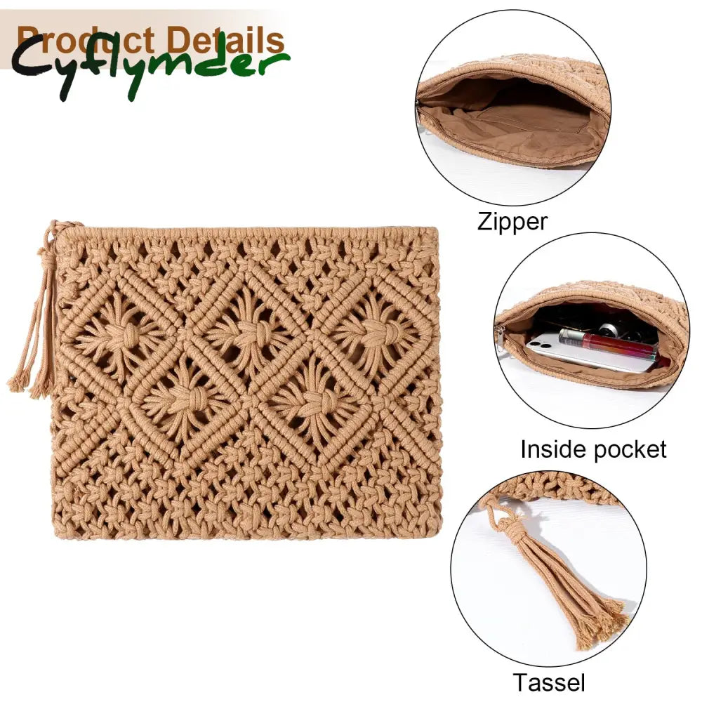 Cyflymder Women’s Handwoven Crossbody Straw Handbag Summer Beach Shoulder Tassel Zipper Crochet