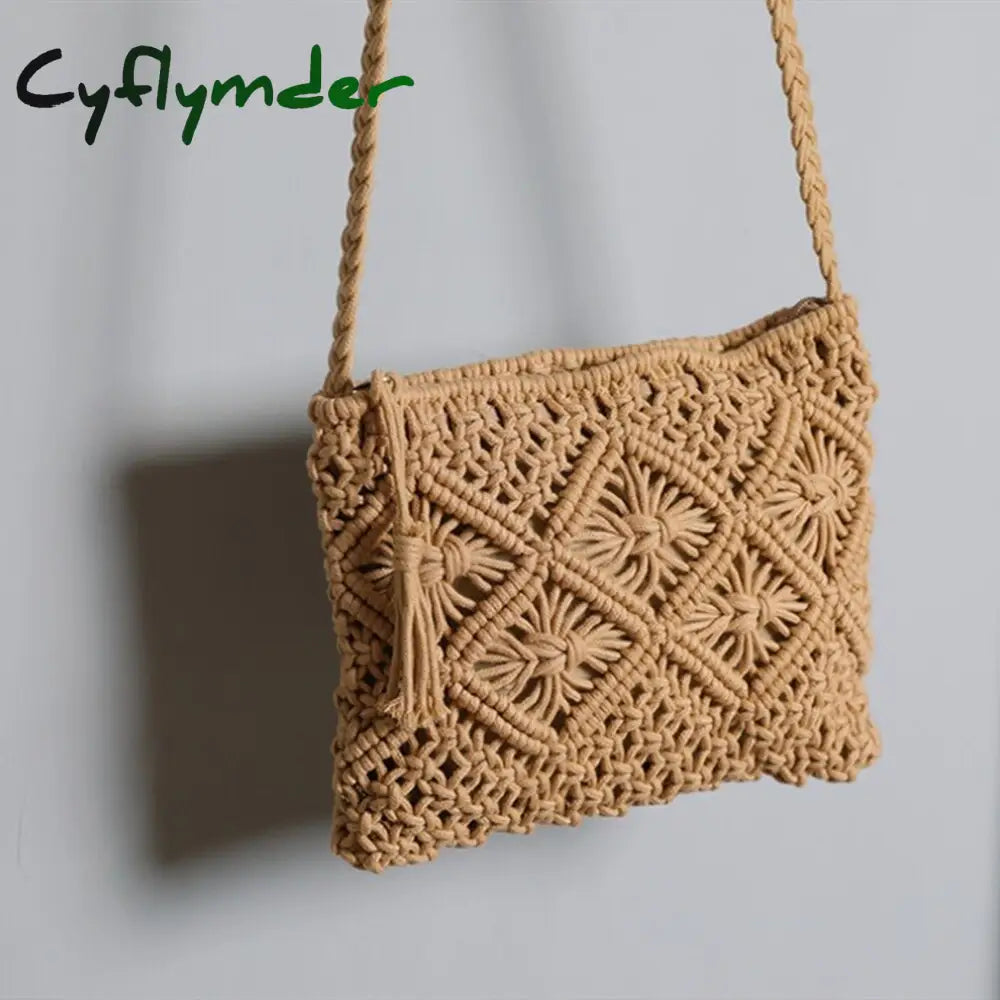 Cyflymder Women’s Handwoven Crossbody Straw Handbag Summer Beach Shoulder Tassel Zipper Crochet