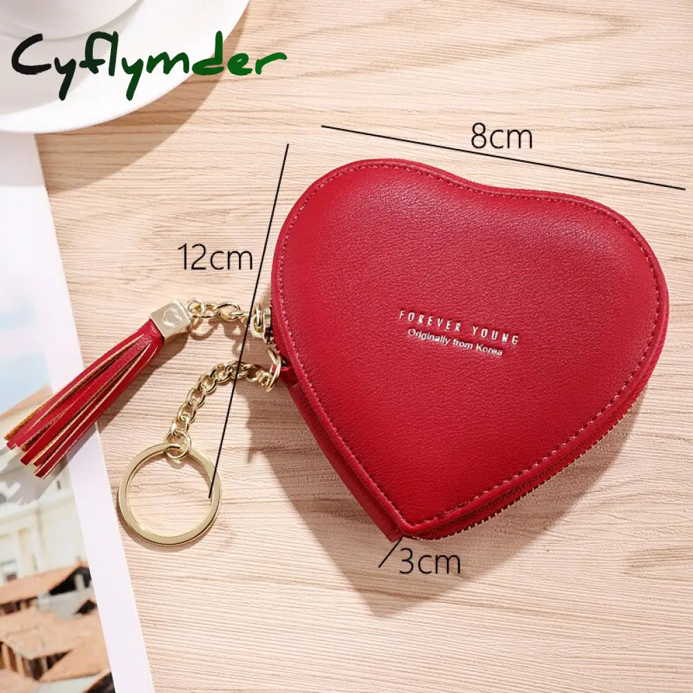 Cyflymder Women’s Heart Shape Small Coin Wallets Pu Leather Zipper Key Ring Tassels Card Holder