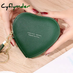 Cyflymder Women’s Heart Shape Small Coin Wallets Pu Leather Zipper Key Ring Tassels Card Holder