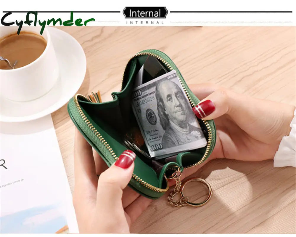 Cyflymder Women’s Heart Shape Small Coin Wallets Pu Leather Zipper Key Ring Tassels Card Holder