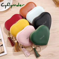 Cyflymder Women’s Heart Shape Small Coin Wallets Pu Leather Zipper Key Ring Tassels Card Holder