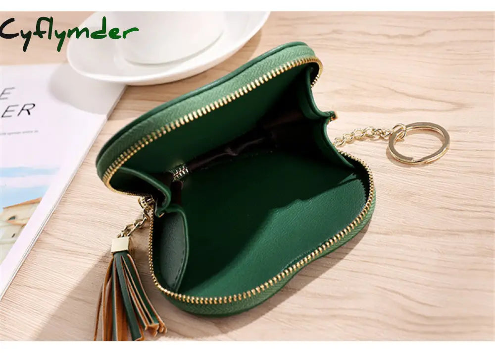 Cyflymder Women’s Heart Shape Small Coin Wallets Pu Leather Zipper Key Ring Tassels Card Holder