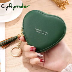 Cyflymder Women’s Heart Shape Small Coin Wallets Pu Leather Zipper Key Ring Tassels Card Holder