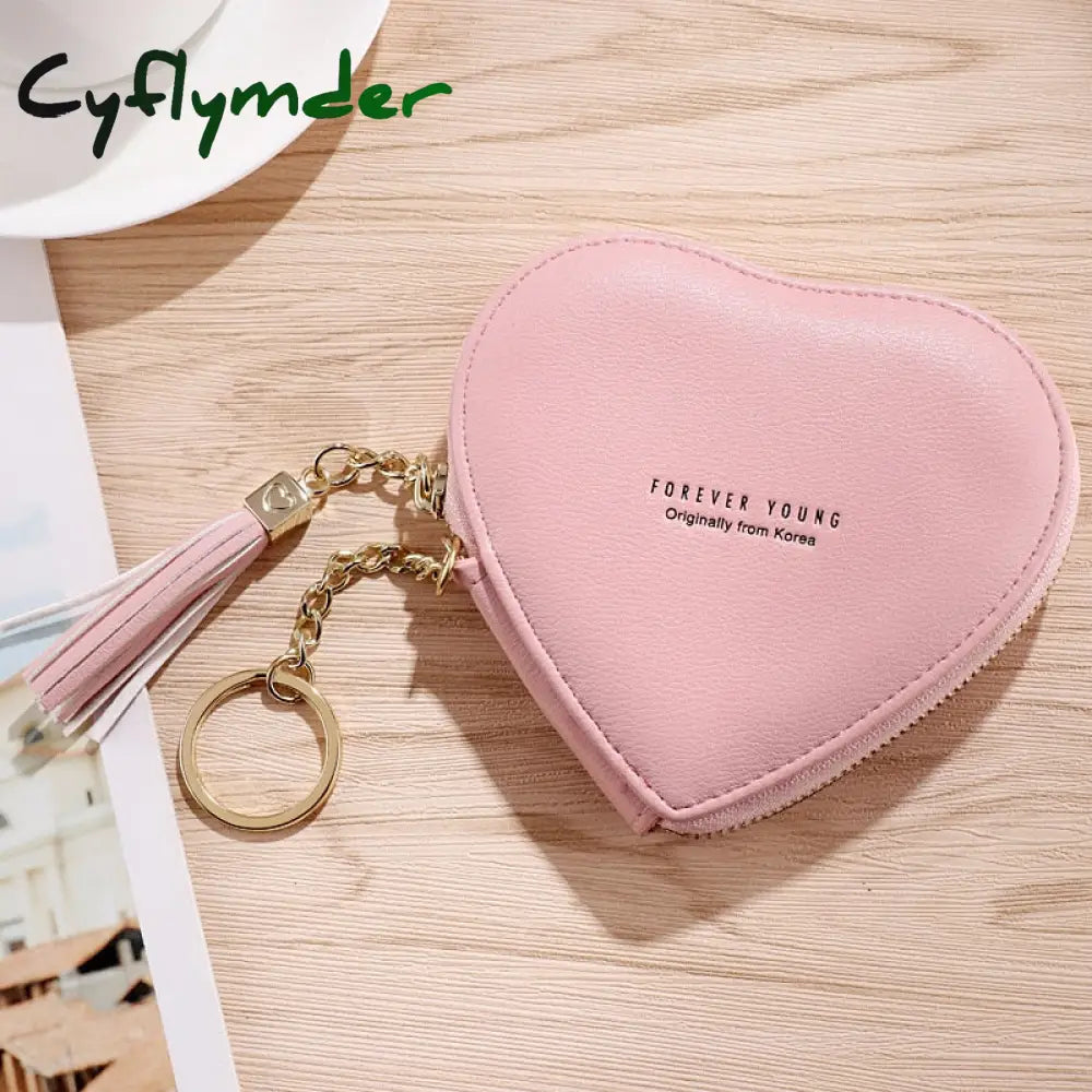 Cyflymder Women’s Heart Shape Small Coin Wallets Pu Leather Zipper Key Ring Tassels Card Holder