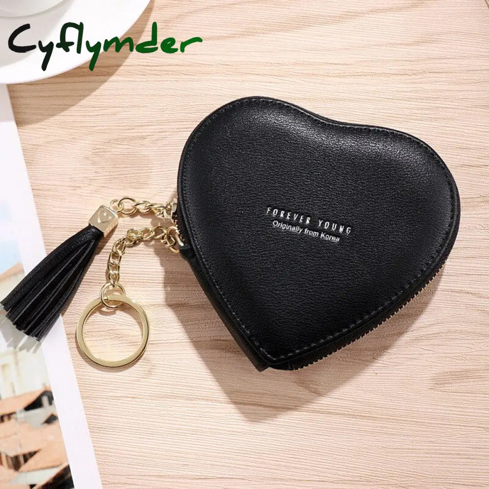 Cyflymder Women’s Heart Shape Small Coin Wallets Pu Leather Zipper Key Ring Tassels Card Holder