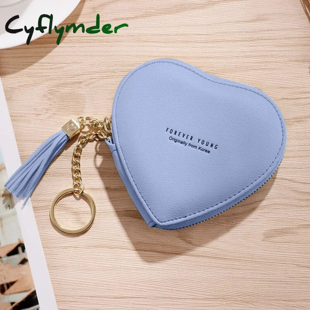 Cyflymder Women’s Heart Shape Small Coin Wallets Pu Leather Zipper Key Ring Tassels Card Holder