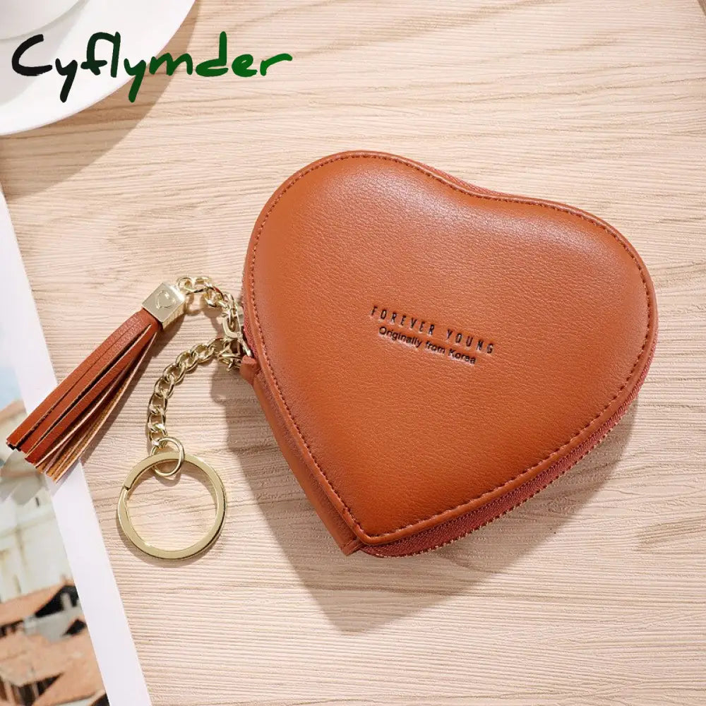 Cyflymder Women’s Heart Shape Small Coin Wallets Pu Leather Zipper Key Ring Tassels Card Holder