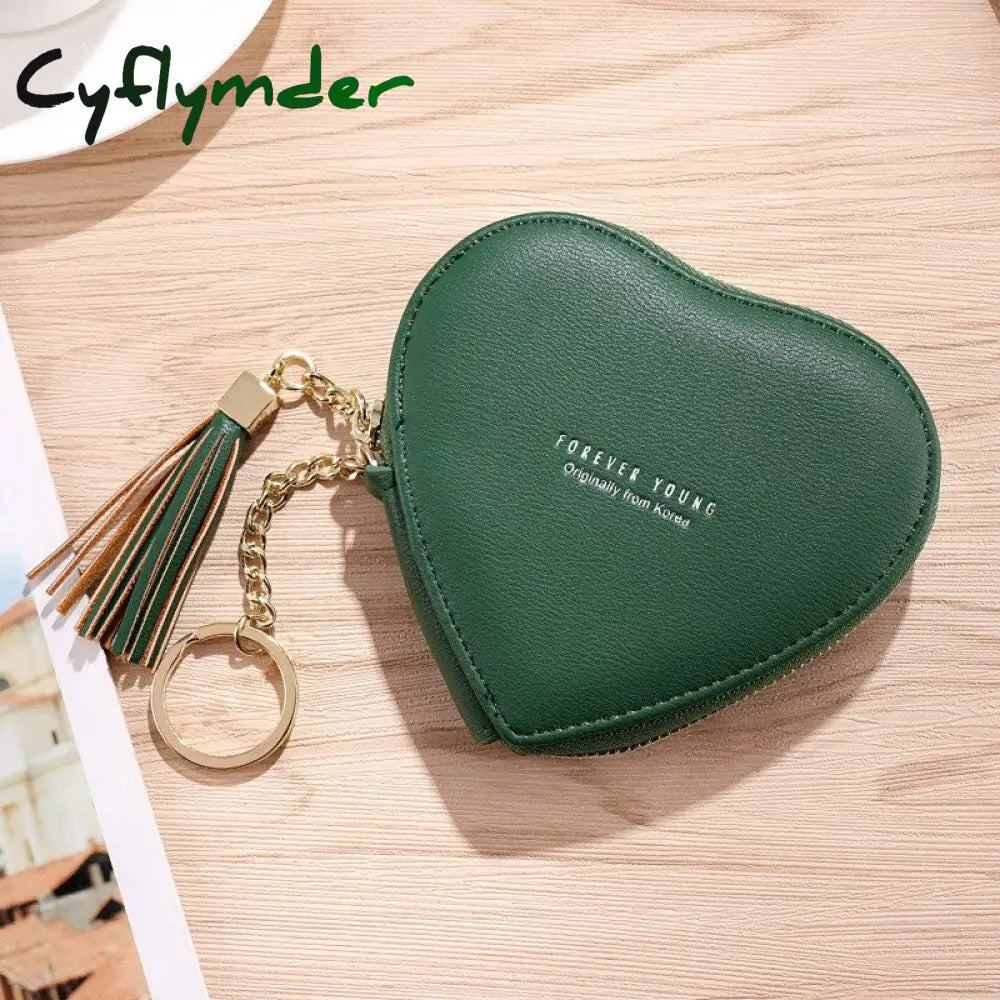 Cyflymder Women’s Heart Shape Small Coin Wallets Pu Leather Zipper Key Ring Tassels Card Holder