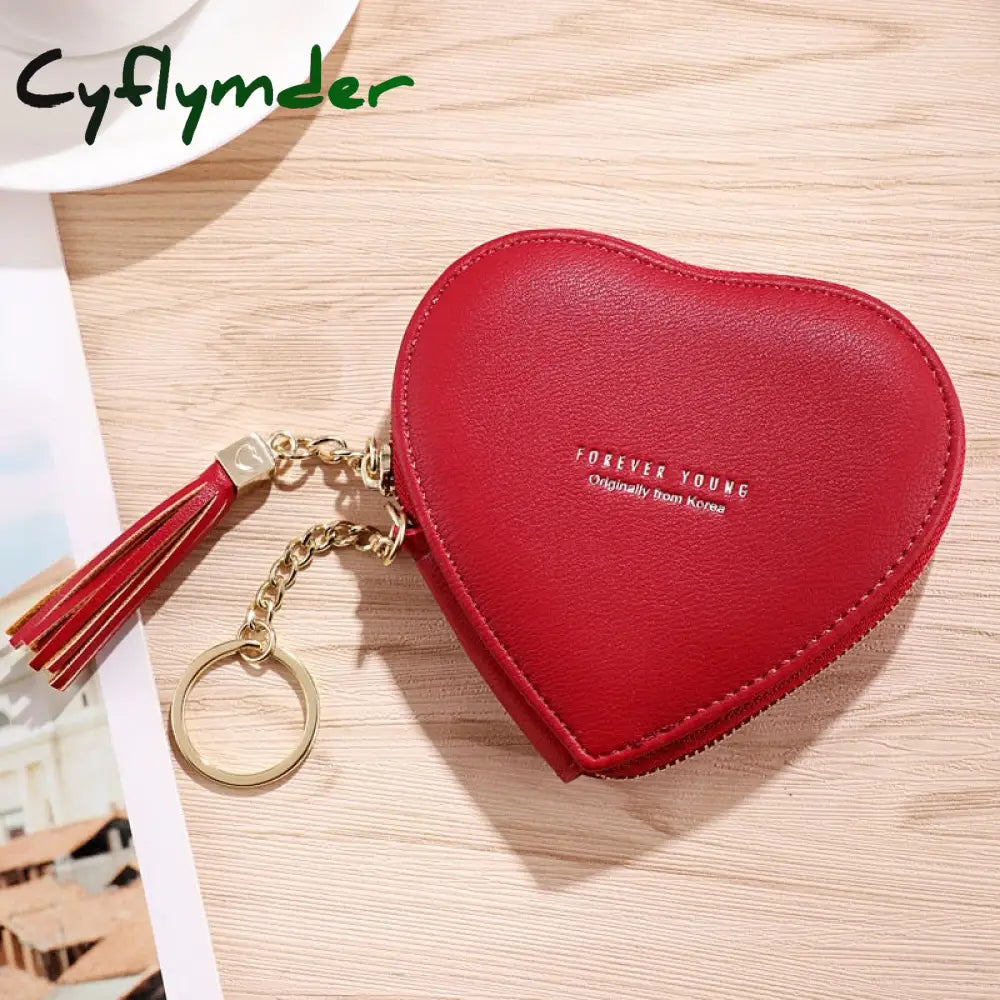 Cyflymder Women’s Heart Shape Small Coin Wallets Pu Leather Zipper Key Ring Tassels Card Holder