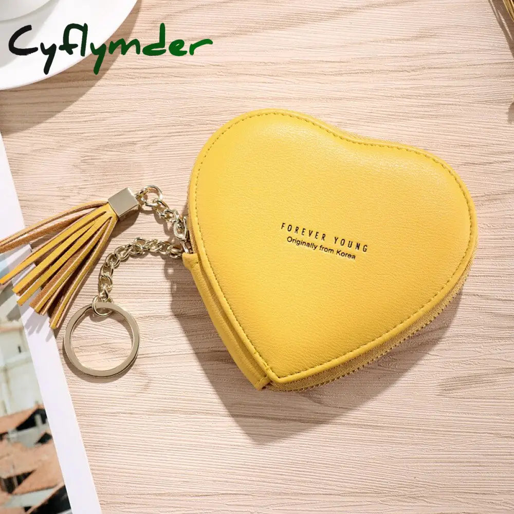 Cyflymder Women’s Heart Shape Small Coin Wallets Pu Leather Zipper Key Ring Tassels Card Holder