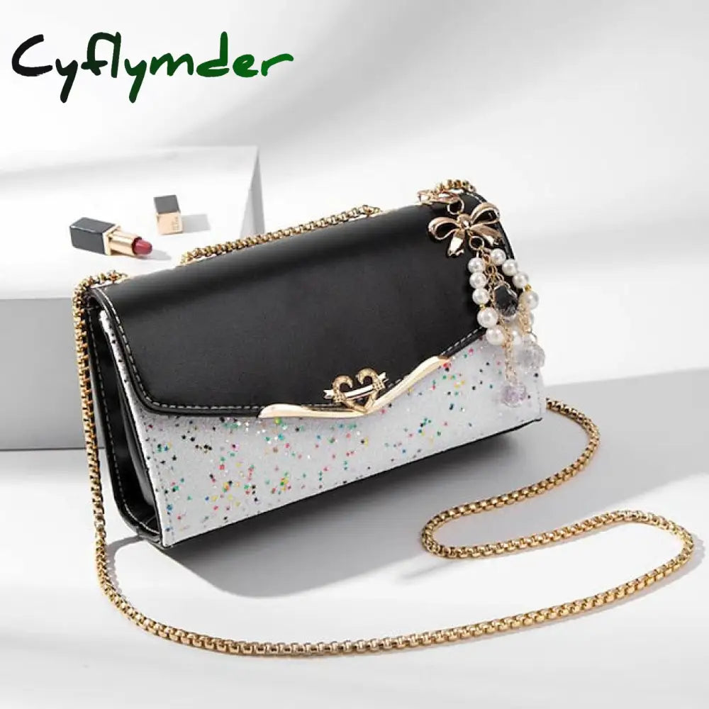 Cyflymder Women’s Ins Style One-Shoulder Messenger Bag Fragrance Chain Handbag Black