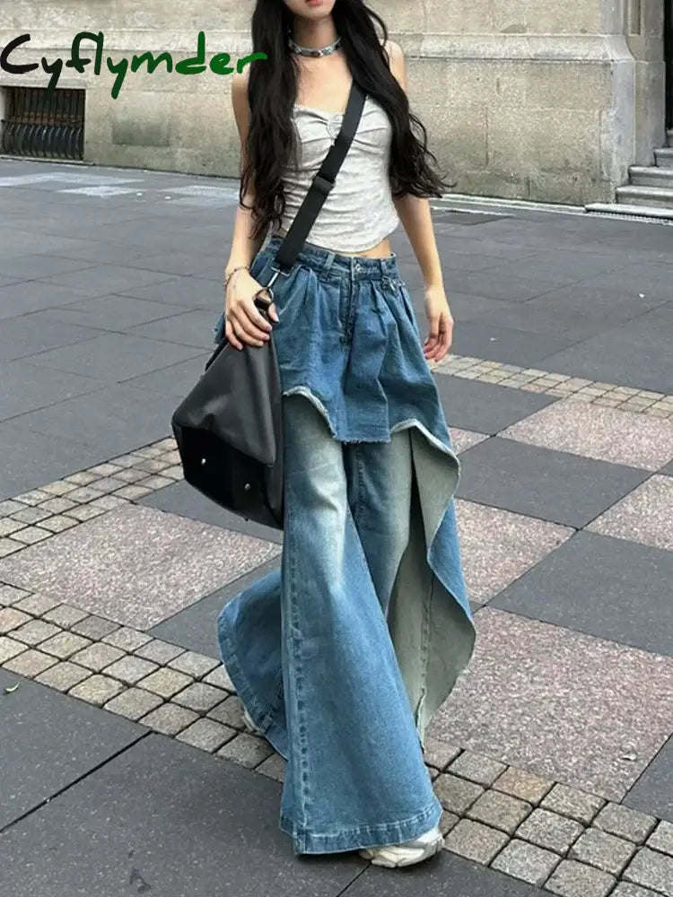 Cyflymder Women’s Irregular Splicing Fake Two Flared Jeans Casual Streetwear High Waist Cowboy Trouser Female Wide-leg