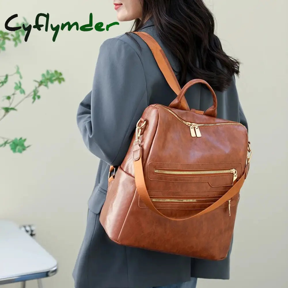 Cyflymder Women’s Large Capacity Backpack High Quality Leather Female Retro Leisure Travel Ladies