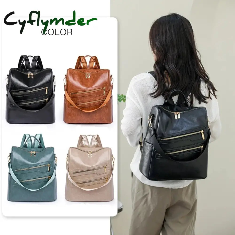 Cyflymder Women’s Large Capacity Backpack High Quality Leather Female Retro Leisure Travel Ladies