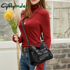 Cyflymder Women’s Large Capacity Leather Shoulder Bag Multi-Zipper Pockets Crossbody Available In