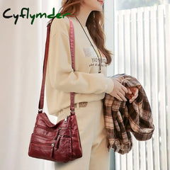 Cyflymder Women’s Large Capacity Leather Shoulder Bag Multi-Zipper Pockets Crossbody Available In