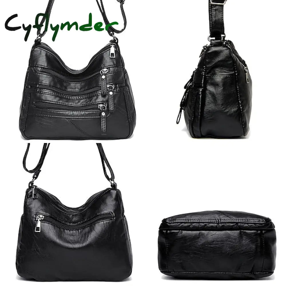 Cyflymder Women’s Large Capacity Leather Shoulder Bag Multi-Zipper Pockets Crossbody Available In