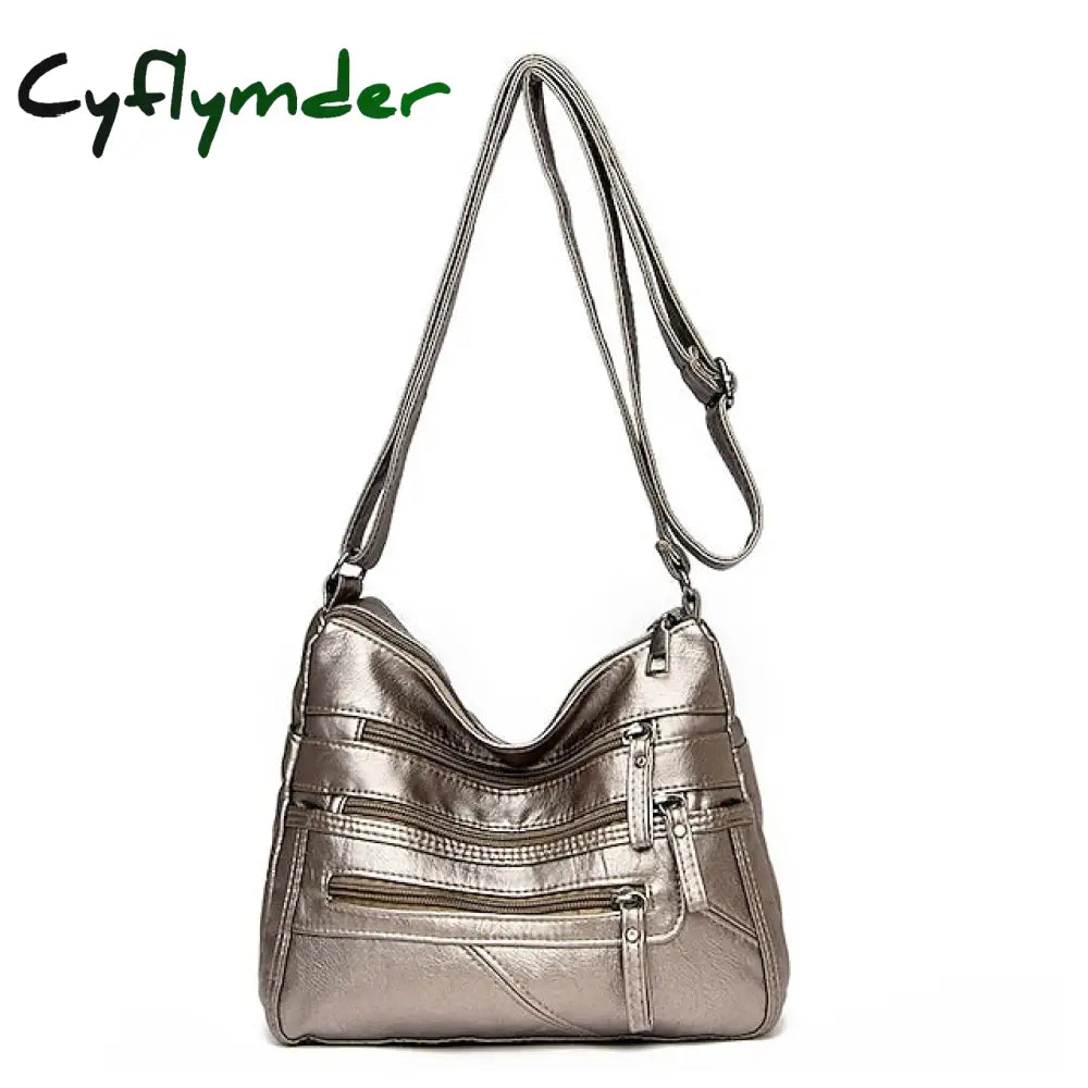 Cyflymder Women’s Large Capacity Leather Shoulder Bag Multi-Zipper Pockets Crossbody Available In