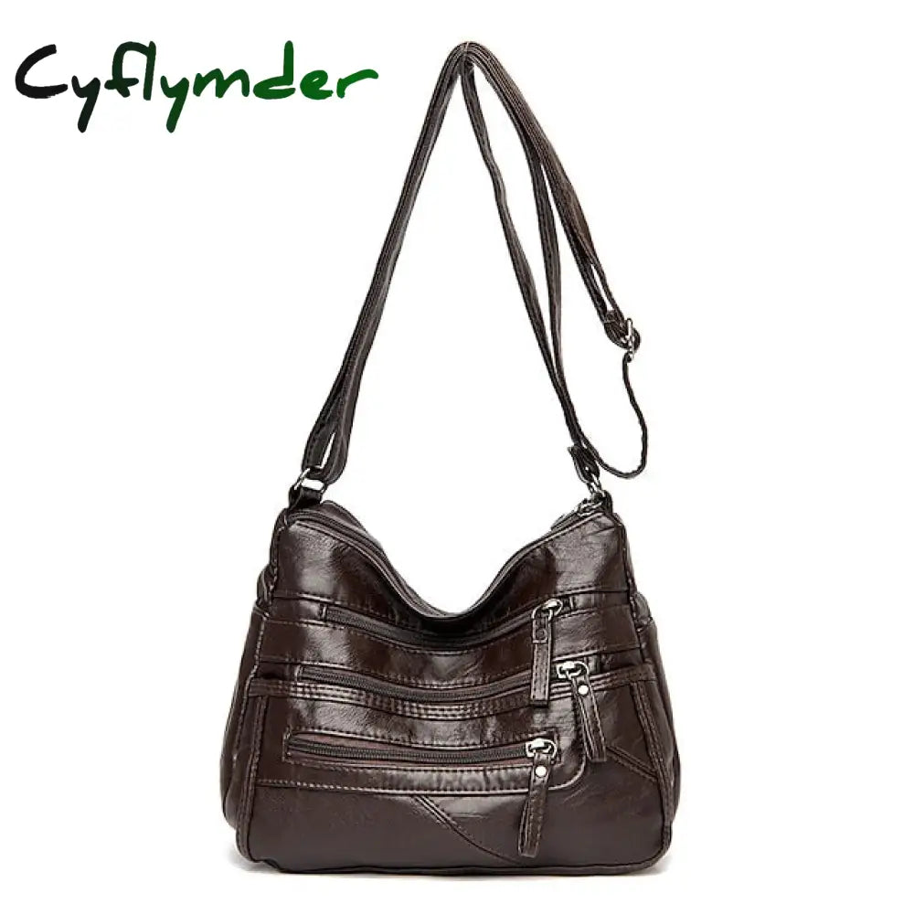 Cyflymder Women’s Large Capacity Leather Shoulder Bag Multi-Zipper Pockets Crossbody Available In