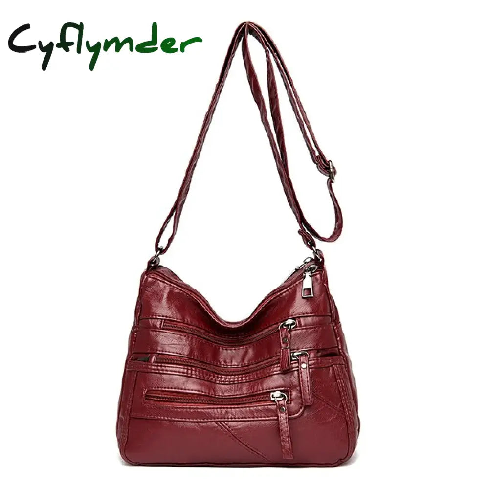 Cyflymder Women’s Large Capacity Leather Shoulder Bag Multi-Zipper Pockets Crossbody Available In