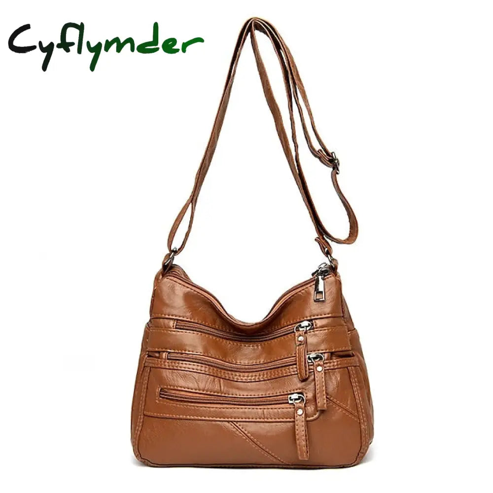 Cyflymder Women’s Large Capacity Leather Shoulder Bag Multi-Zipper Pockets Crossbody Available In