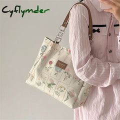 Cyflymder Women’s Large Capacity Tote Bag Retro Flower Print Female Shoulder Vintage Design