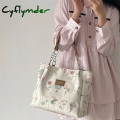 Cyflymder Women’s Large Capacity Tote Bag Retro Flower Print Female Shoulder Vintage Design