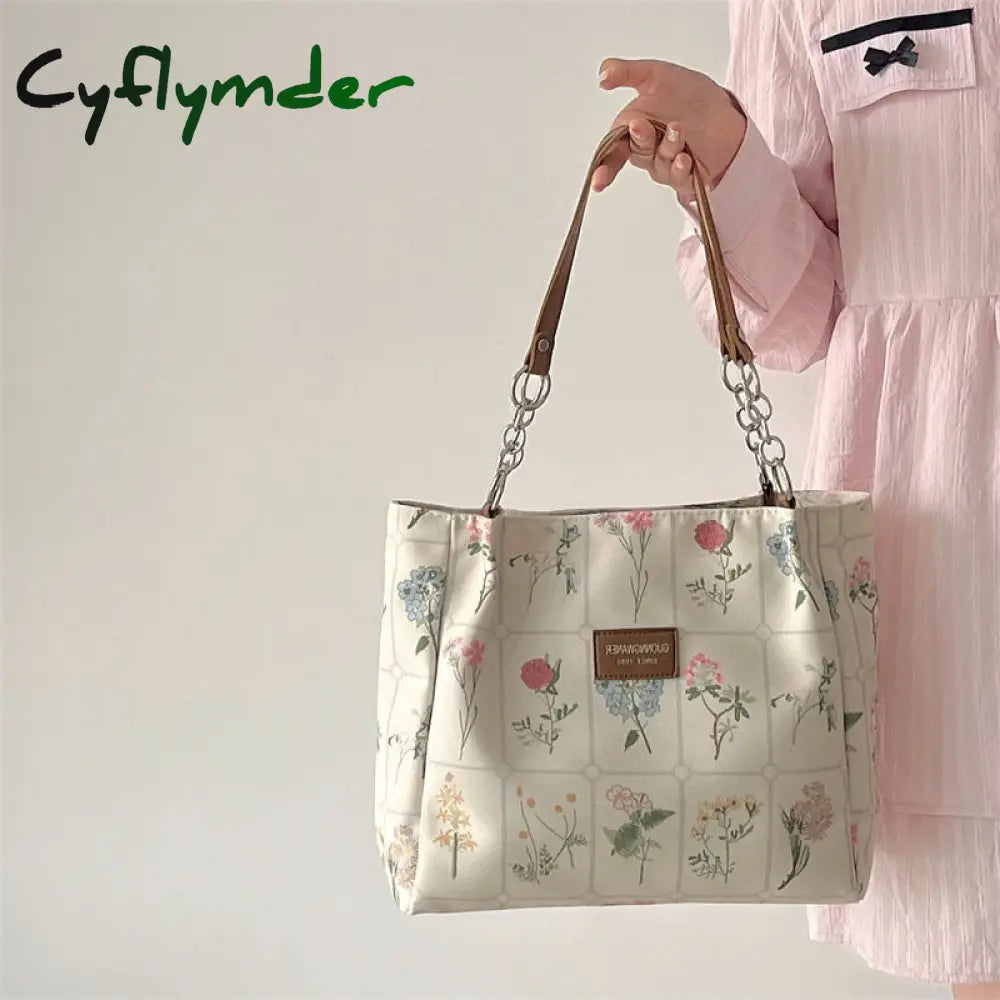 Cyflymder Women’s Large Capacity Tote Bag Retro Flower Print Female Shoulder Vintage Design