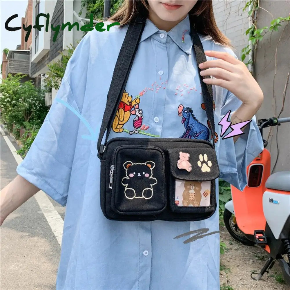 Cyflymder Women’s Messenger Bags Ladies Canvas Printed Cute Bear Bag Lady Sweet Cartoon Student