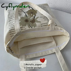 Cyflymder Women’s Style Canvas Shopping Bag Retro Simple Shoulder Illustration Flowers Tote