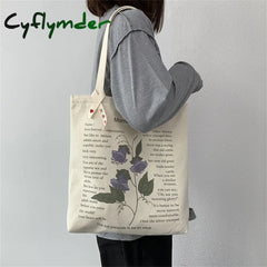 Cyflymder Women’s Style Canvas Shopping Bag Retro Simple Shoulder Illustration Flowers Tote