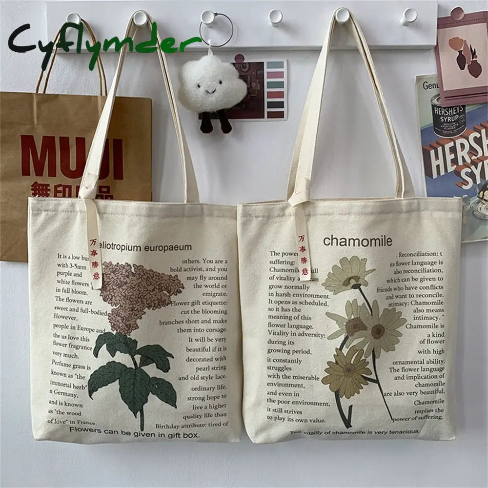 Cyflymder Women’s Style Canvas Shopping Bag Retro Simple Shoulder Illustration Flowers Tote