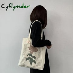 Cyflymder Women’s Style Canvas Shopping Bag Retro Simple Shoulder Illustration Flowers Tote