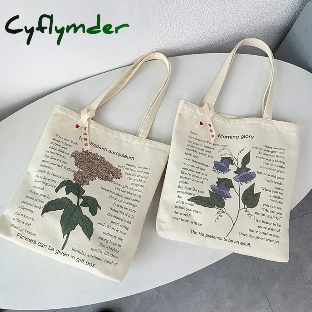 Cyflymder Women’s Style Canvas Shopping Bag Retro Simple Shoulder Illustration Flowers Tote