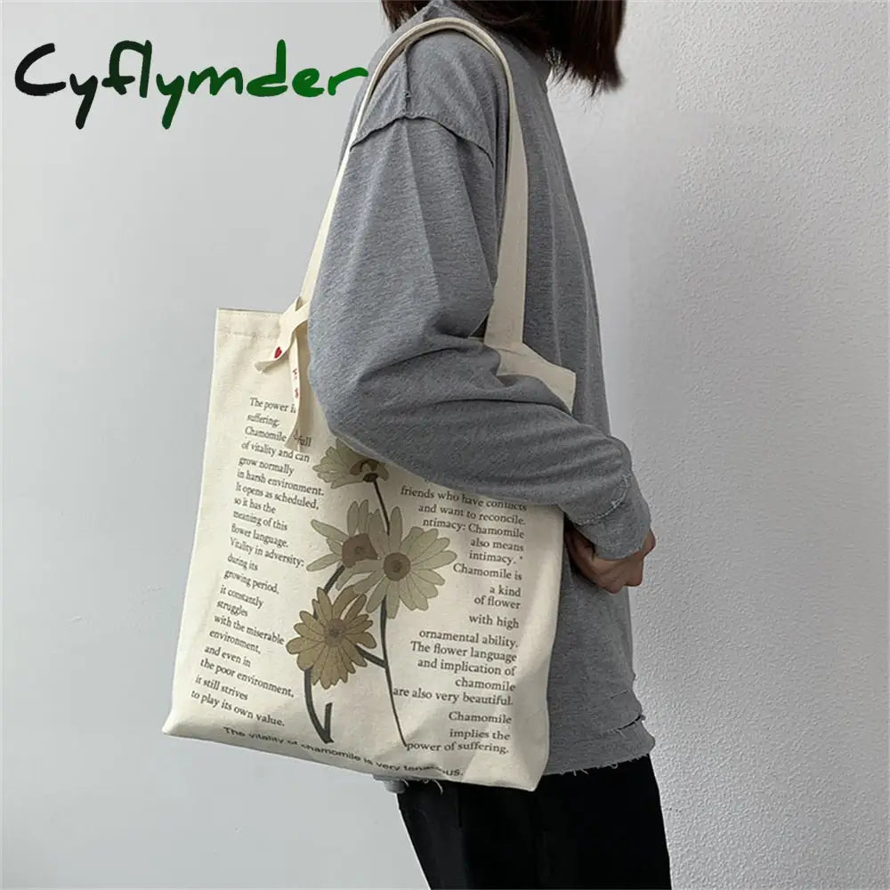 Cyflymder Women’s Style Canvas Shopping Bag Retro Simple Shoulder Illustration Flowers Tote