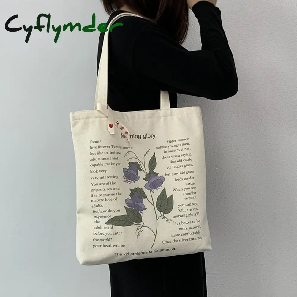 Cyflymder Women’s Style Canvas Shopping Bag Retro Simple Shoulder Illustration Flowers Tote