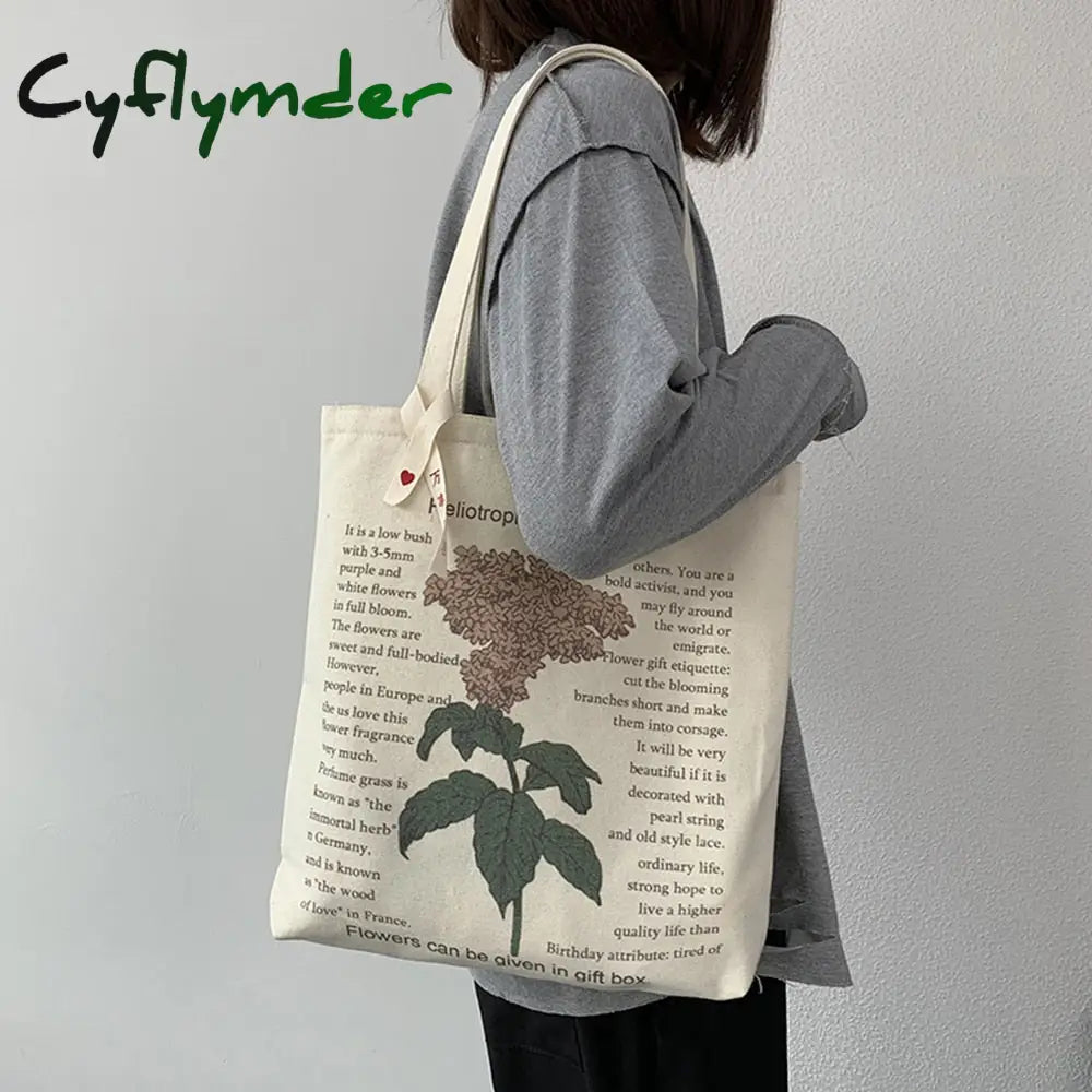 Cyflymder Women’s Style Canvas Shopping Bag Retro Simple Shoulder Illustration Flowers Tote