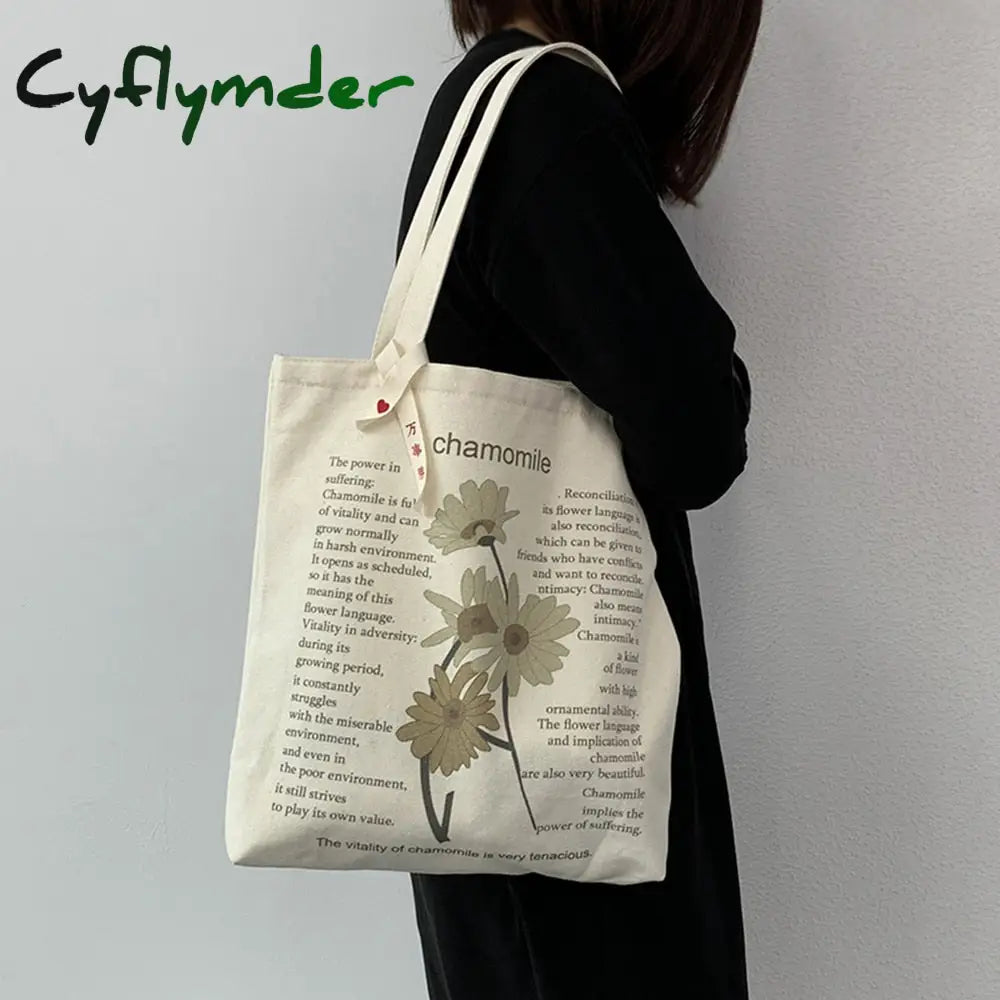 Cyflymder Women’s Style Canvas Shopping Bag Retro Simple Shoulder Illustration Flowers Tote