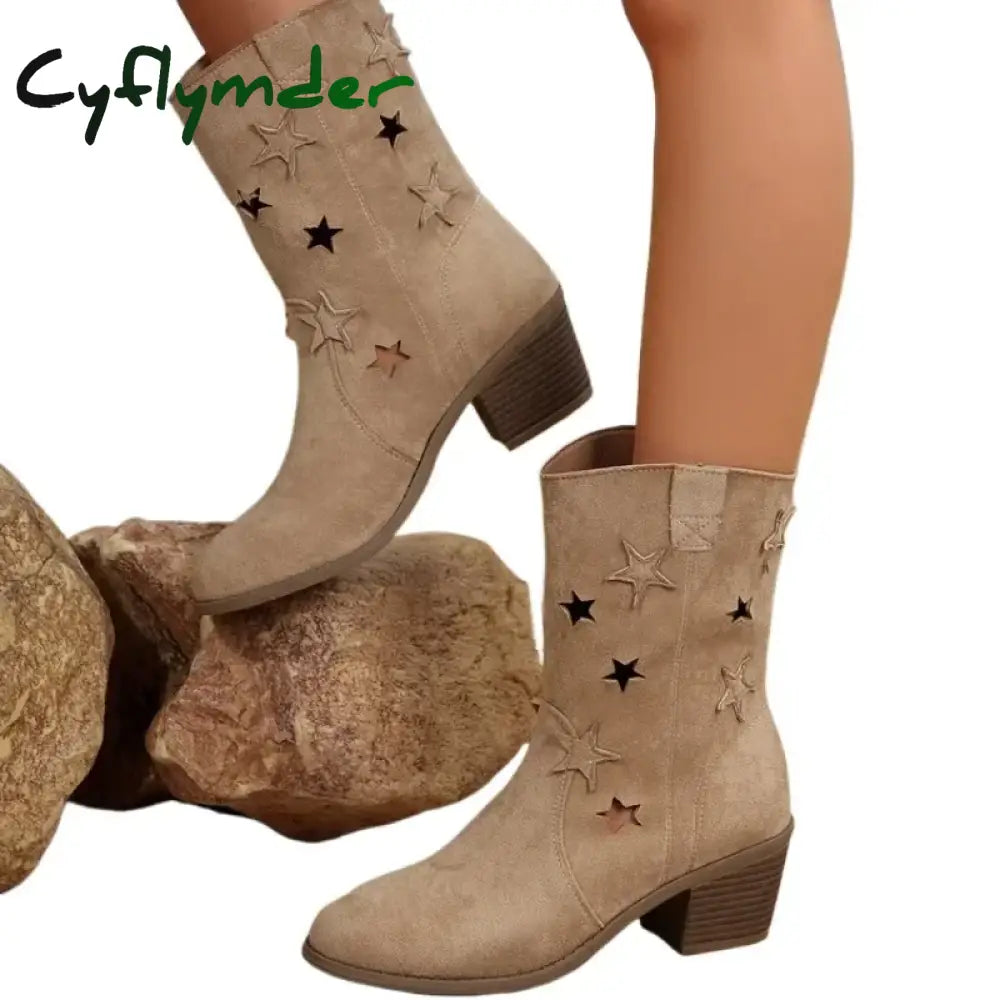 Cyflymder Women’s Summer Retro Round Toe Chunky Heels Vegan Suede Western Boots with Hollow Design and Rivets Cowboy