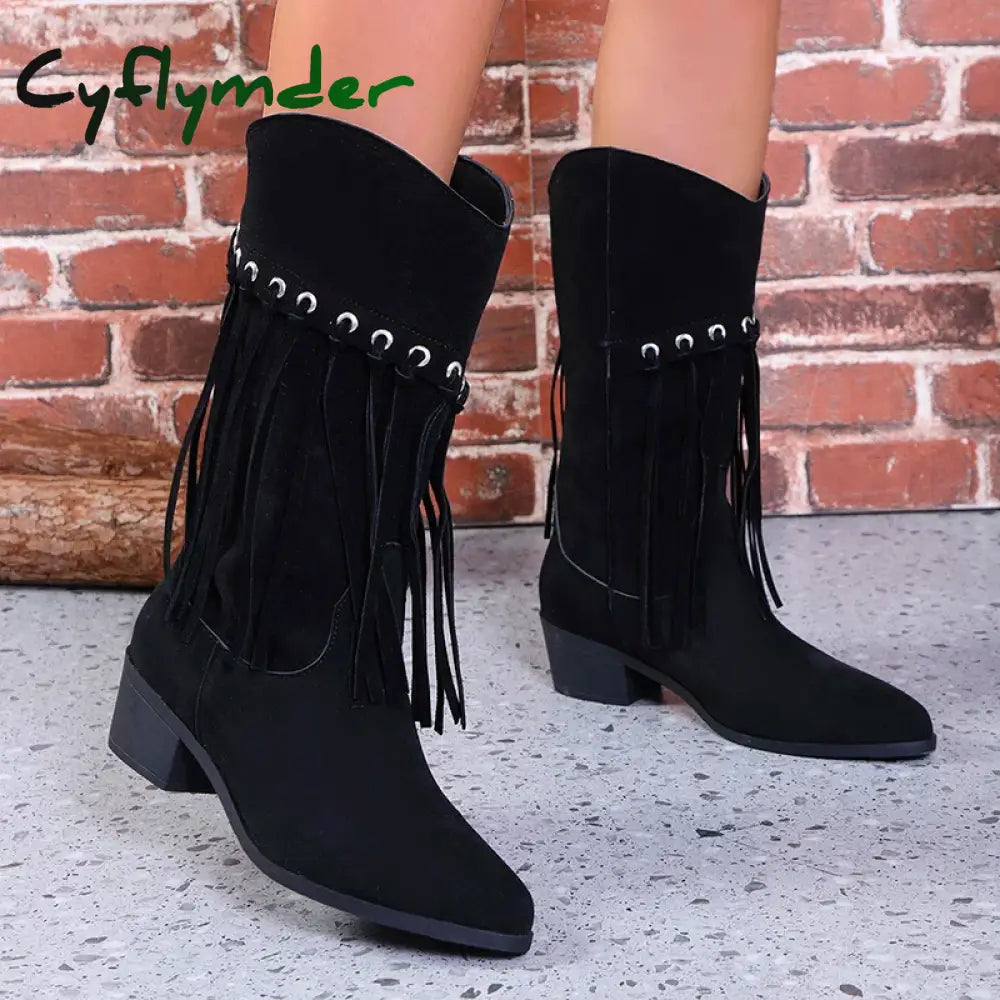 Cyflymder Women’s Tassel Boots Thick Heel Retro Western Suede Leather Mid Length Boots Womens Point Toe Boots Mid Calf
