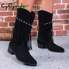 Cyflymder Women’s Tassel Boots Thick Heel Retro Western Suede Leather Mid Length Boots Womens Point Toe Boots Mid Calf