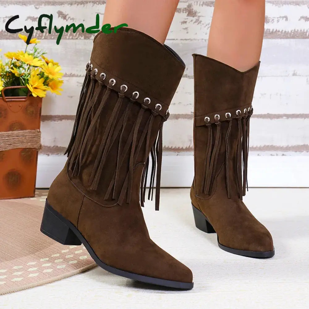 Cyflymder Women’s Tassel Boots Thick Heel Retro Western Suede Leather Mid Length Boots Womens Point Toe Boots Mid Calf