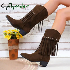 Cyflymder Women’s Tassel Boots Thick Heel Retro Western Suede Leather Mid Length Boots Womens Point Toe Boots Mid Calf