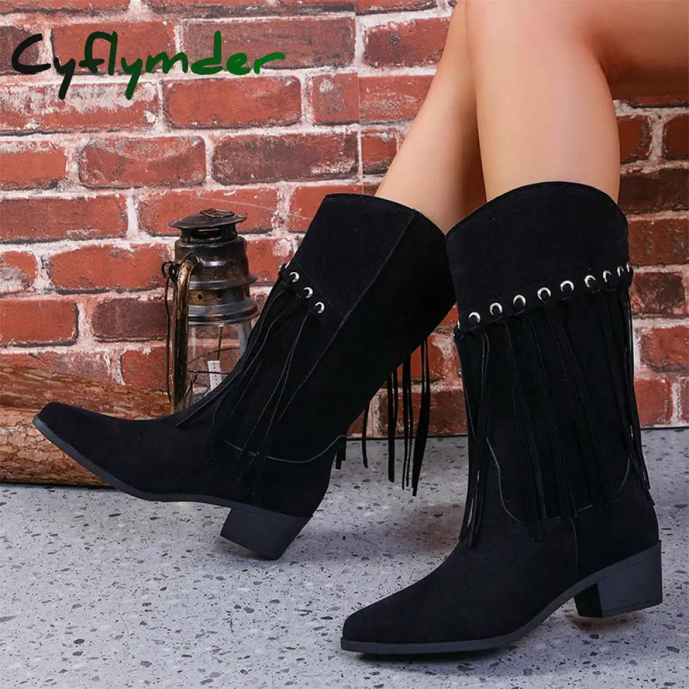 Cyflymder Women’s Tassel Boots Thick Heel Retro Western Suede Leather Mid Length Boots Womens Point Toe Boots Mid Calf