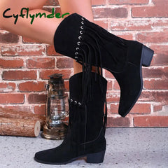 Cyflymder Women’s Tassel Boots Thick Heel Retro Western Suede Leather Mid Length Boots Womens Point Toe Boots Mid Calf